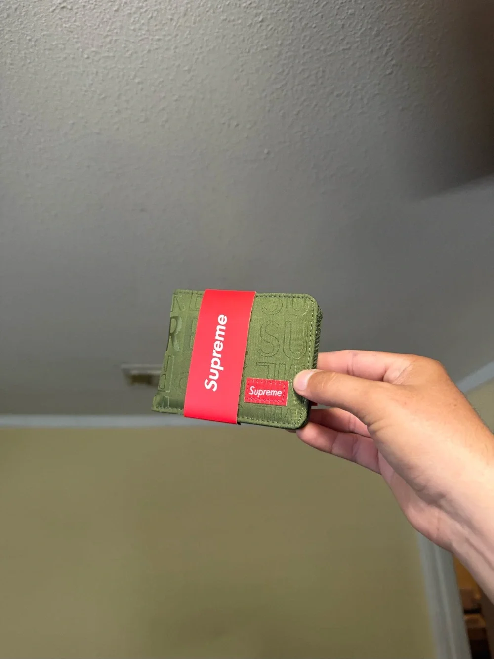 Supreme Olive Green Embossed Wallet with Red Logo Band